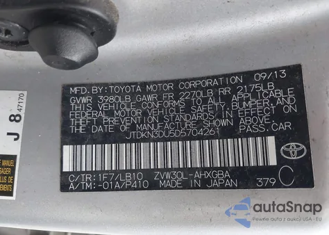 2013 Toyota Prius Four z USA, uszkodzony, nr VIN JTDKN3DU5D5704261